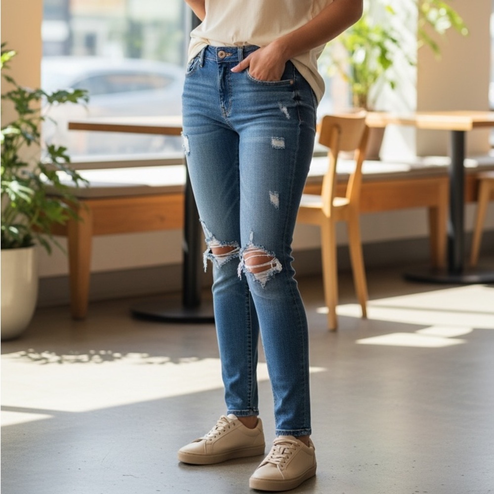 Refuge Blue Straight Leg Distressed Jeans